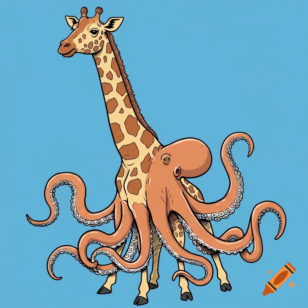 Cartoon drawing of a giraffe and octopus hybrid on a blue background.
