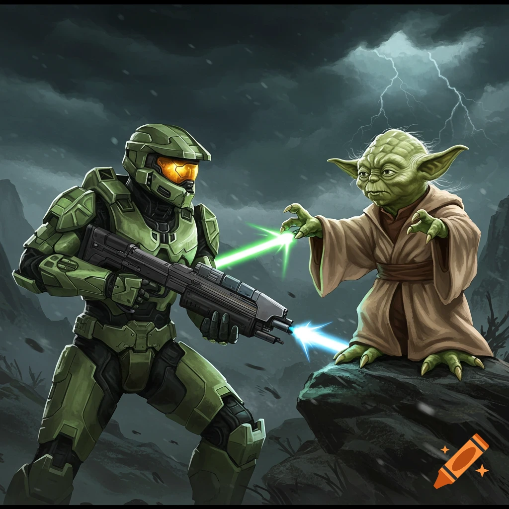 Master Chief fighting Yoda with lightsabers in a storm