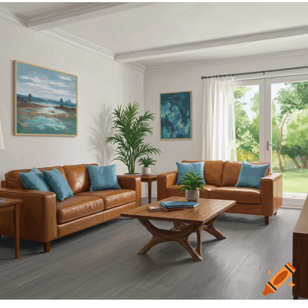 A living room with leather sofas, blue pillows, plants, and paintings, looking out to a garden.