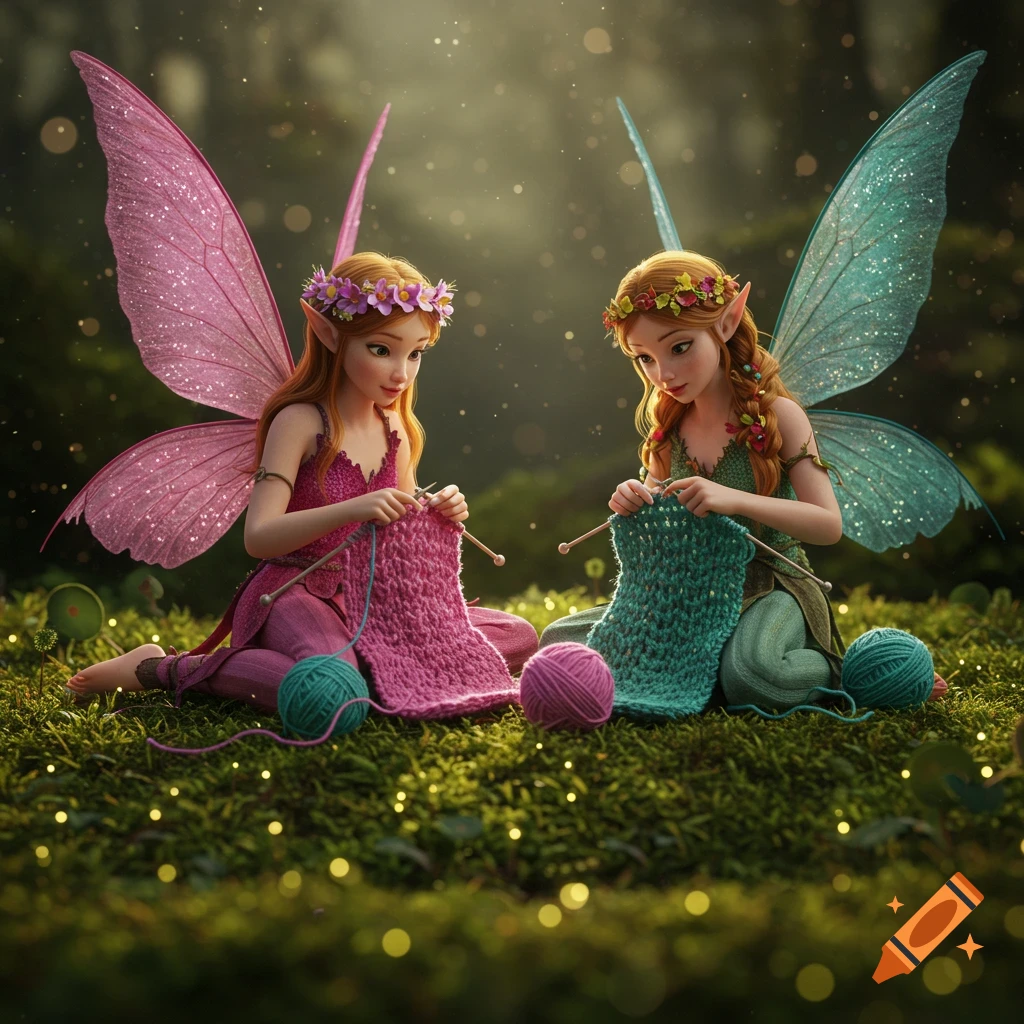 Two fairies knitting in a forest clearing