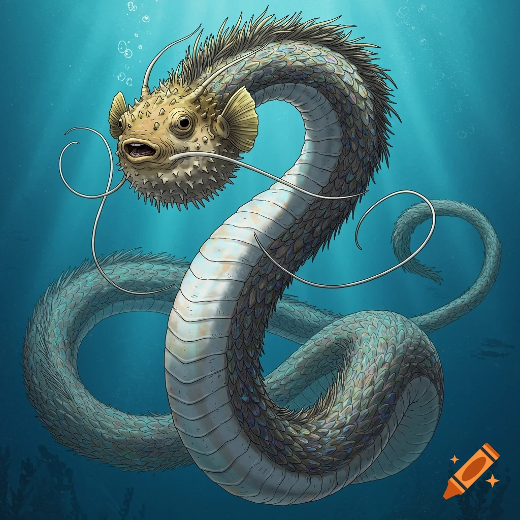 A fantasy sea serpent with a pufferfish head swimming underwater.