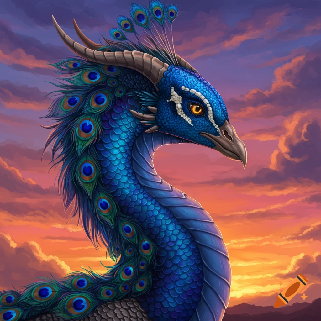 A blue peacock-dragon hybrid is silhouetted against a vibrant sunset sky.