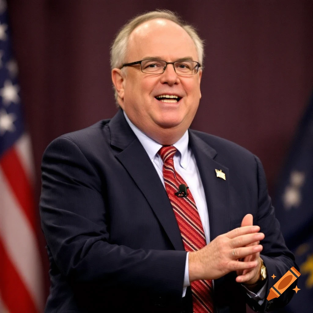 Portrait of a man in a suit and tie speaking in front of flags