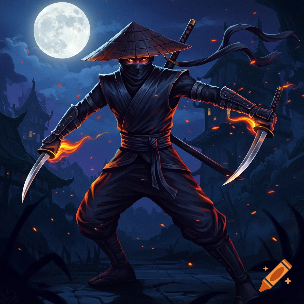 A ninja holds swords under a full moon at night.
