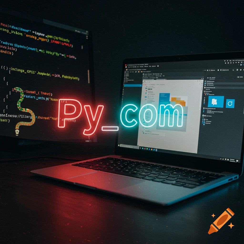 Two computer screens displaying code and a neon 'Py_com' logo.