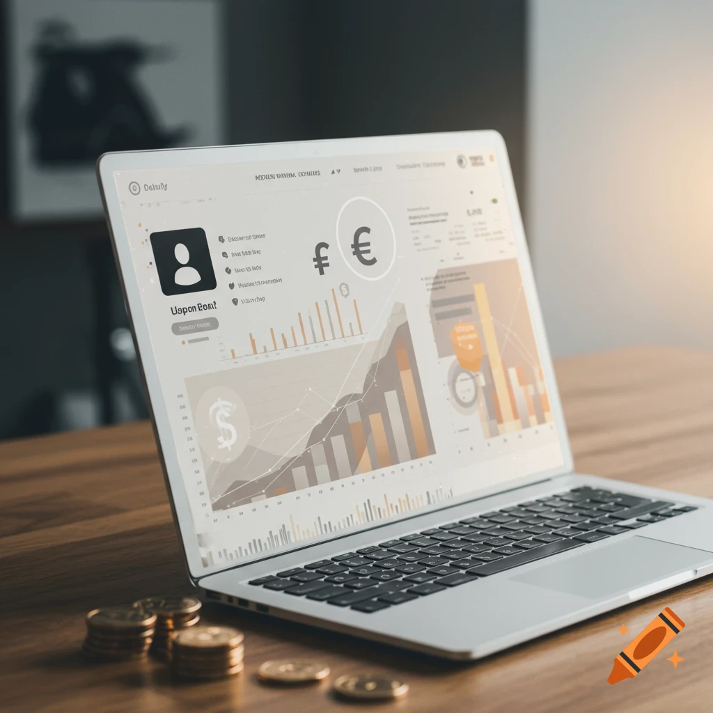 Laptop screen displaying financial charts and graphs with gold coins on a wooden table.