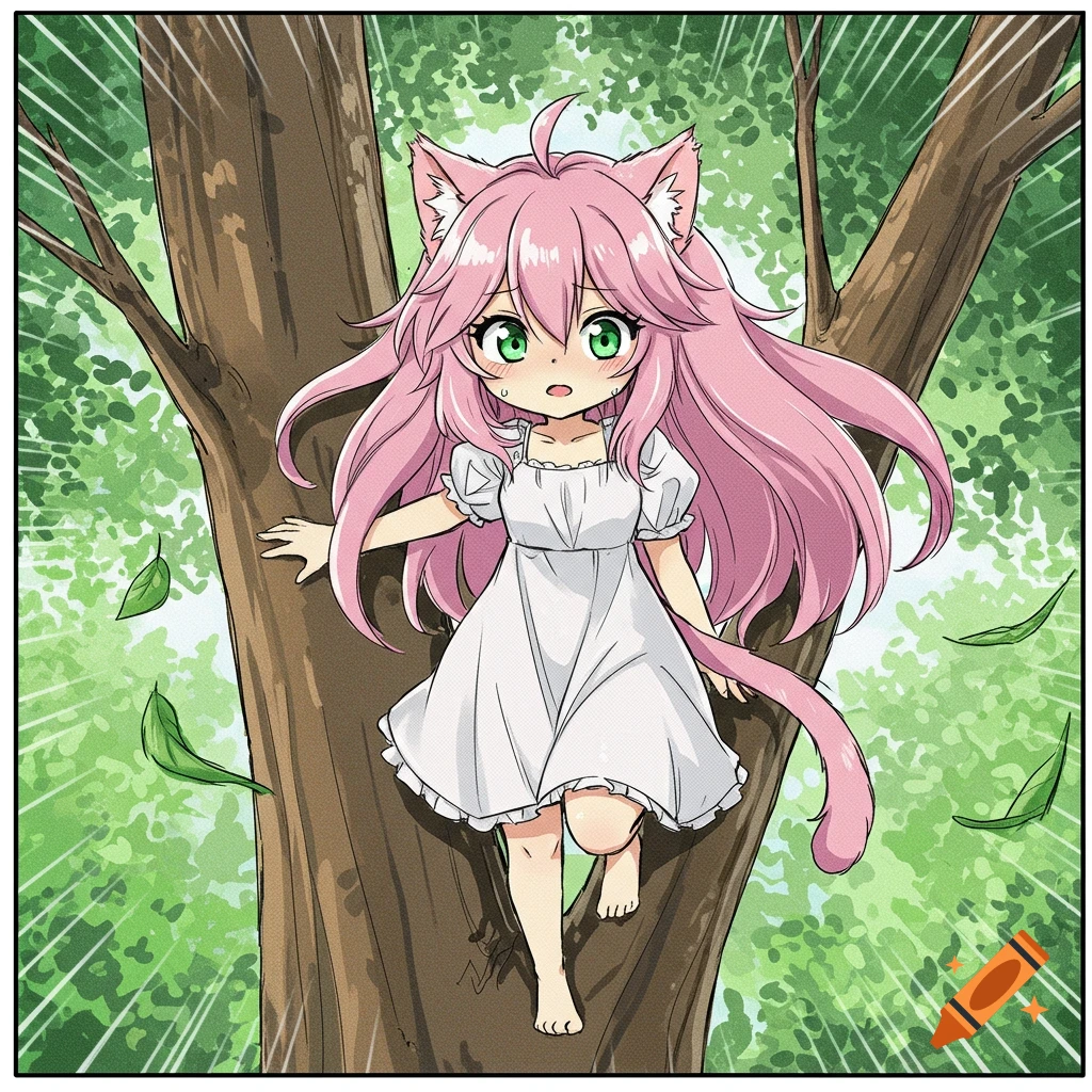 Manga style illustration of a catgirl with pink hair and ears stuck in a tree.