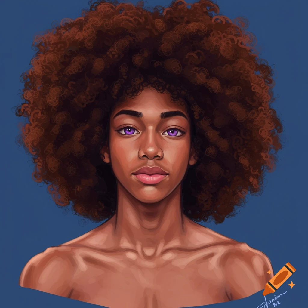 Portrait of a person with curly Afro hair and purple eyes.