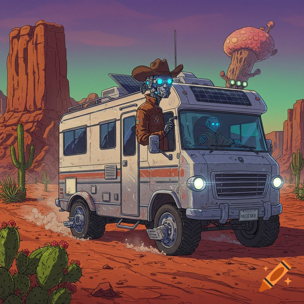 Illustration of a robot in a cowboy hat standing in an RV driving through a desert landscape with cacti.