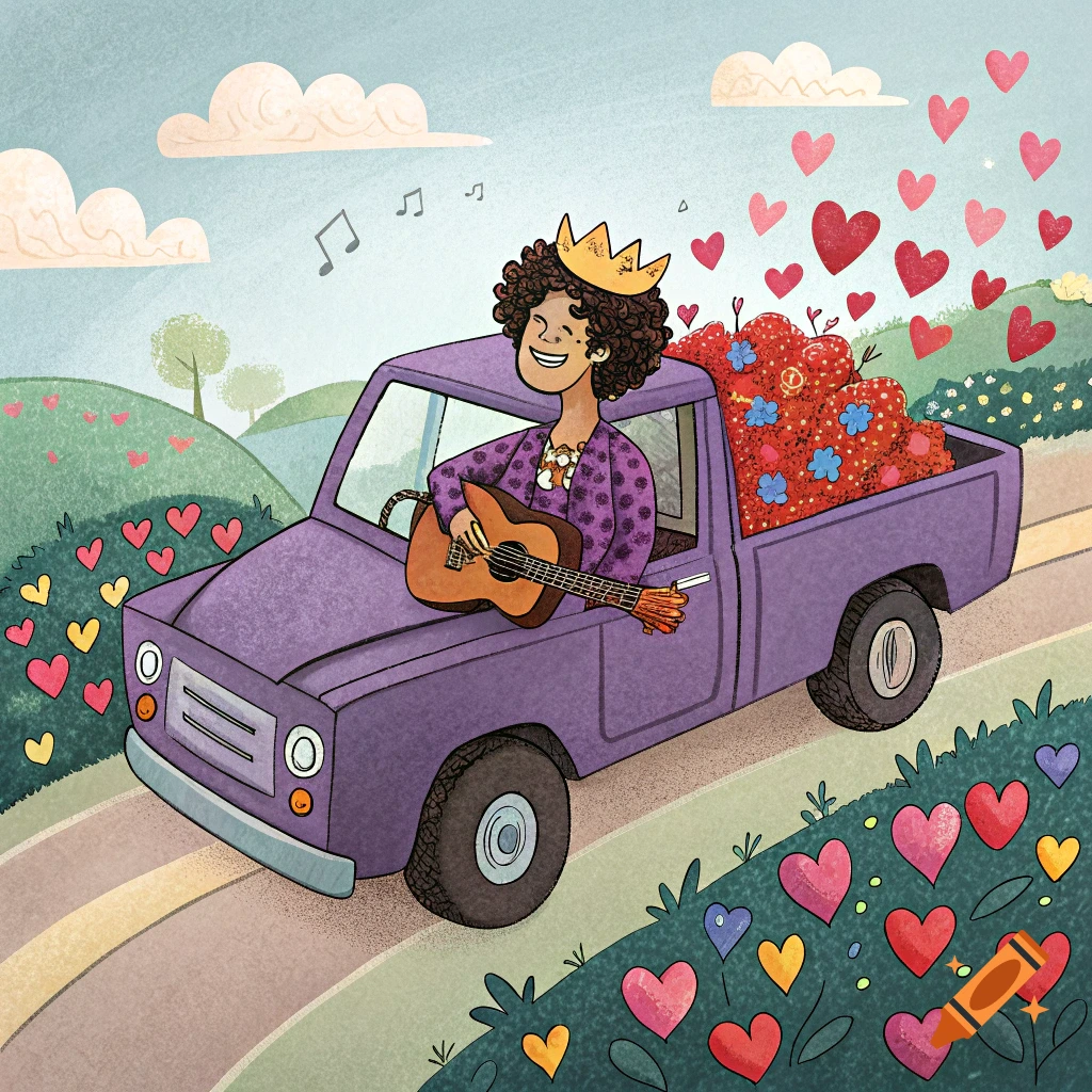 Cartoon illustration of a person with a crown playing guitar in a purple pickup truck filled with hearts and flowers, driving through a landscape.
