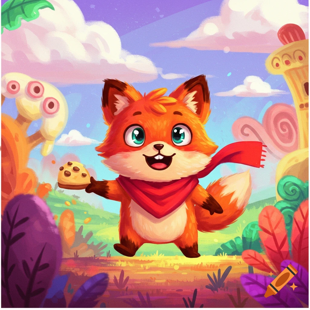 Cute cartoon fox wearing red scarf holding cake in whimsical landscape.