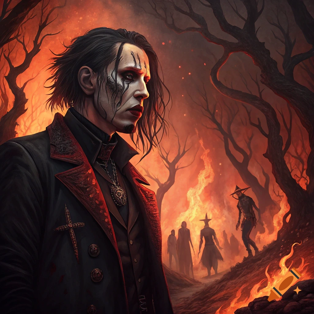 Portrait of a person resembling Marilyn Manson with dramatic makeup in a fiery hellish landscape.
