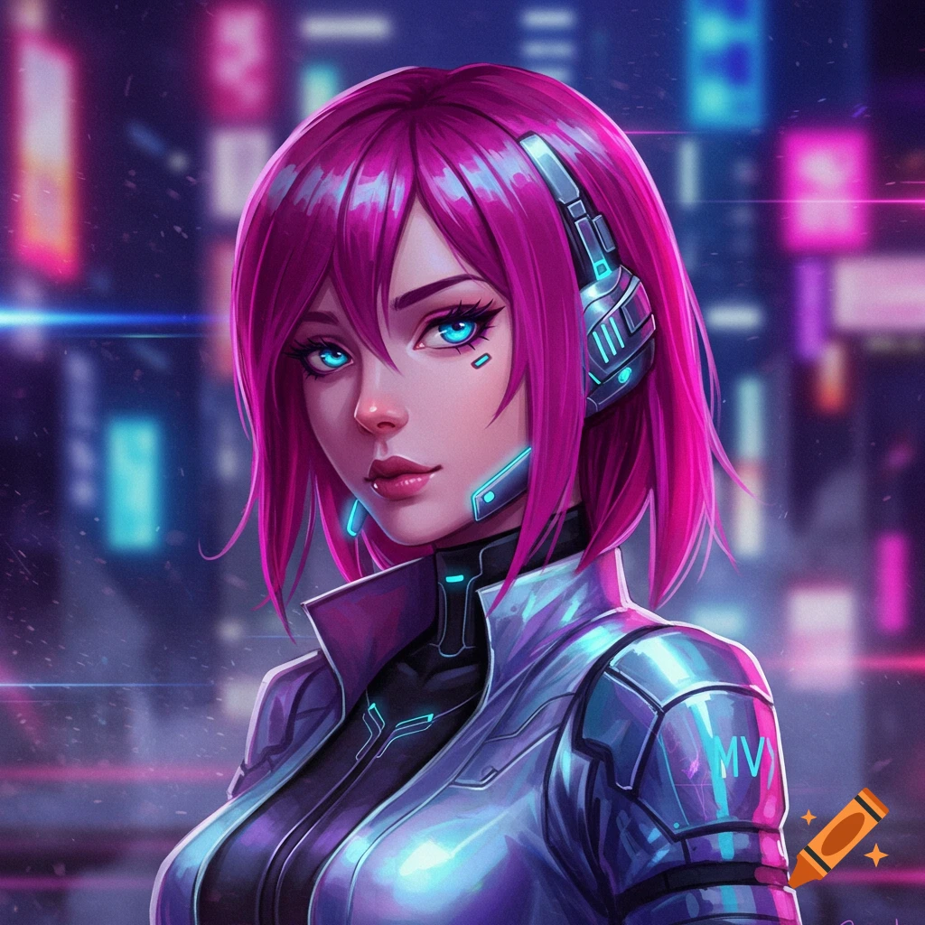 A woman with pink hair and headphones in a cyberpunk city.