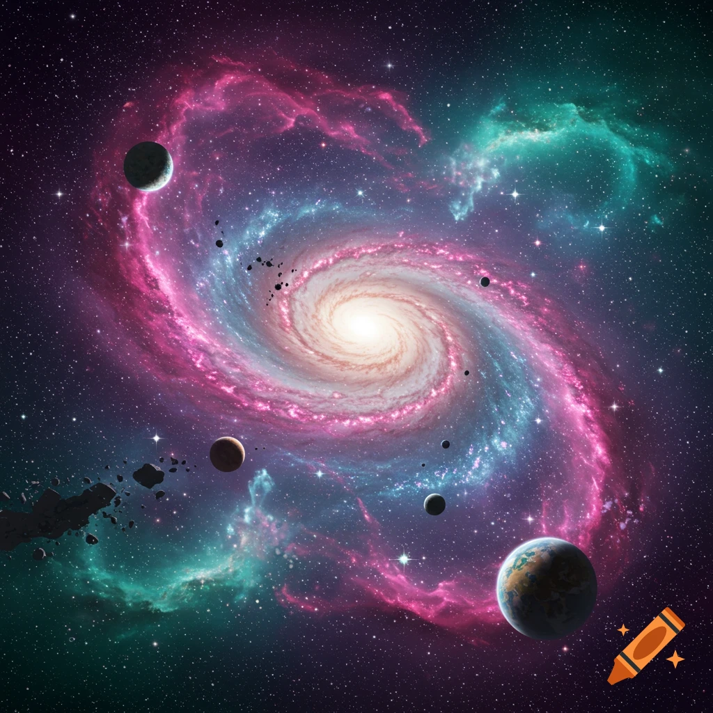 A vibrant spiral galaxy surrounded by planets, moons, and asteroids in deep space.