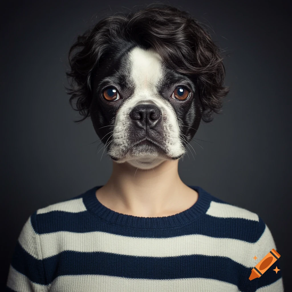 Photorealistic portrait of a Boston Terrier dog's head on a person's body wearing a striped sweater.