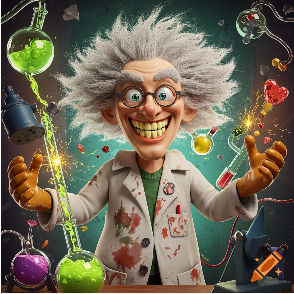 A cartoonish mad scientist with wild grey hair and glasses mixes chemicals in a lab, surrounded by flasks and sparks.