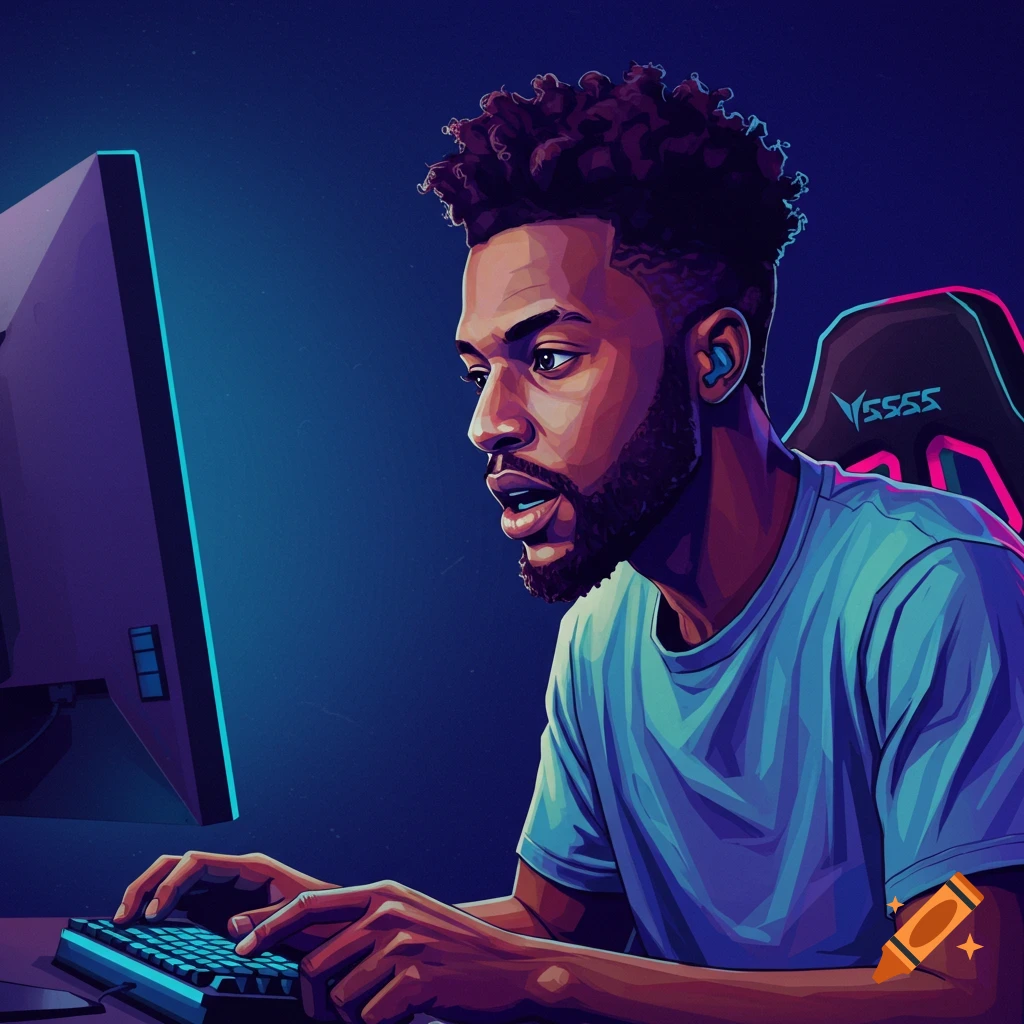 A young black man playing video games at a computer