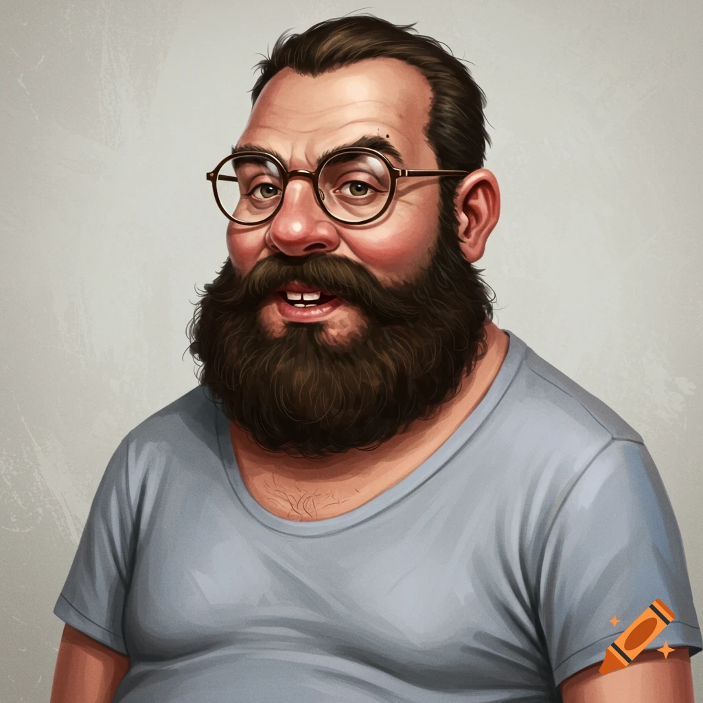 An overweight man with a beard and glasses, smiling slightly.