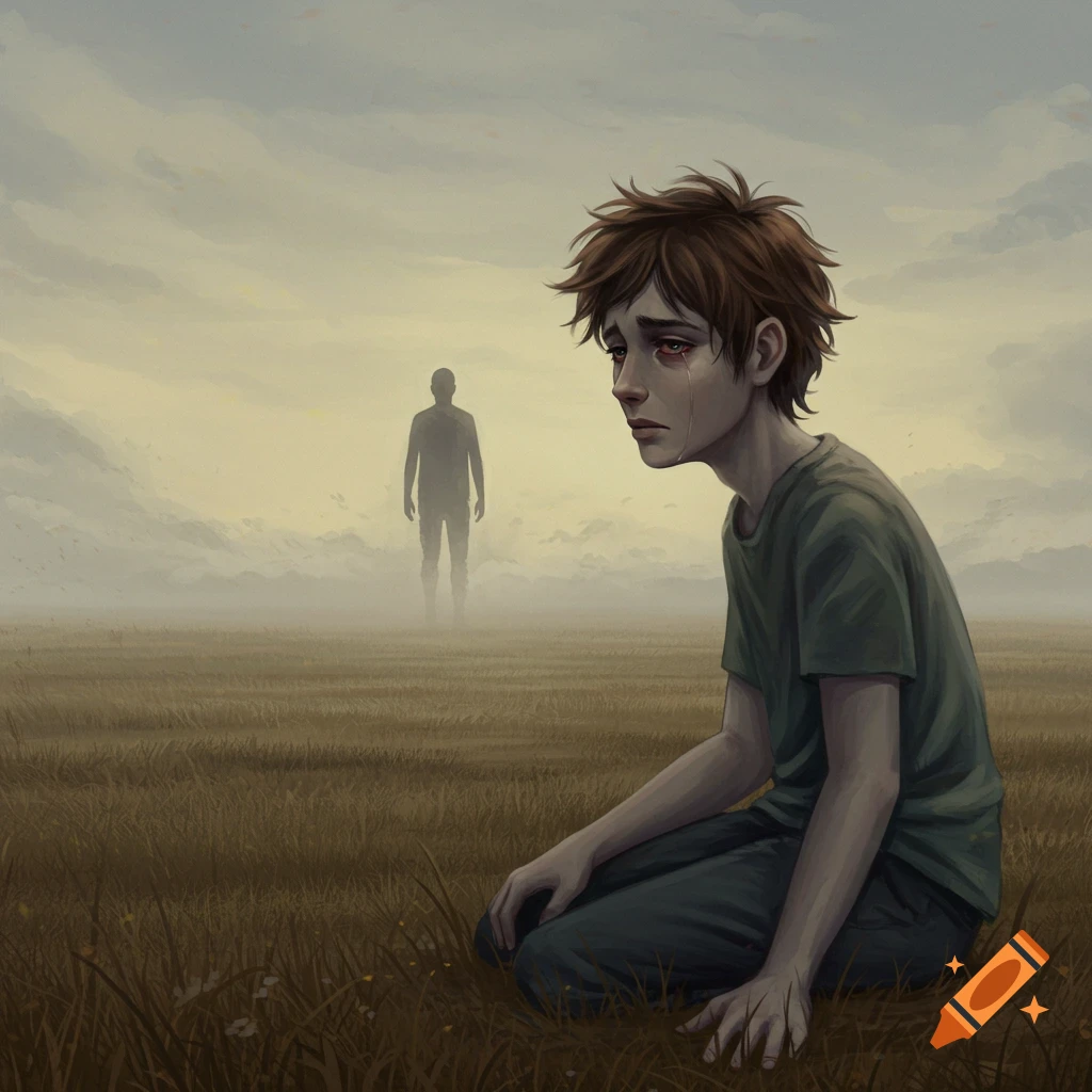 Sad boy kneeling in a field, looking at a silhouetted figure in the distance.