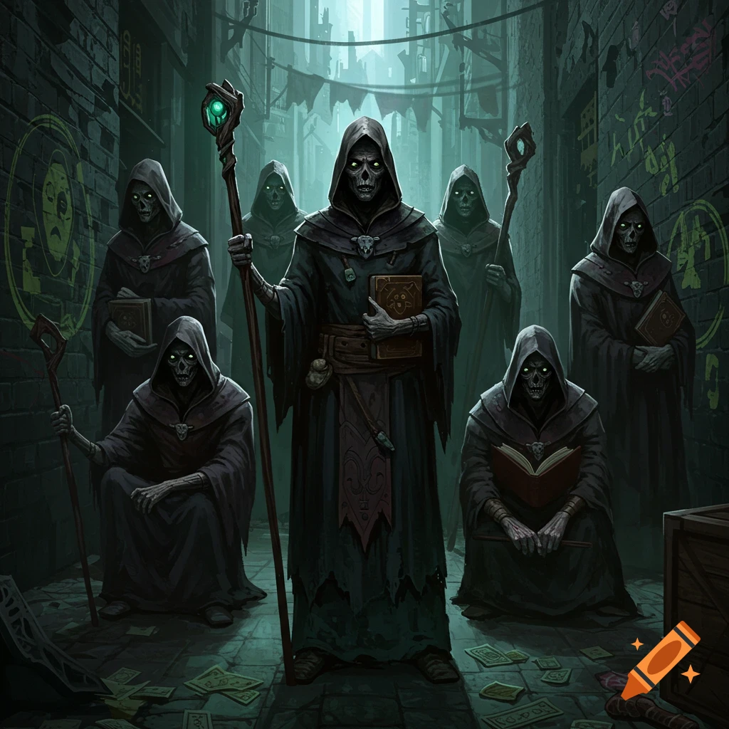 Hooded skeletal figures hold books and staffs in a dark alley.