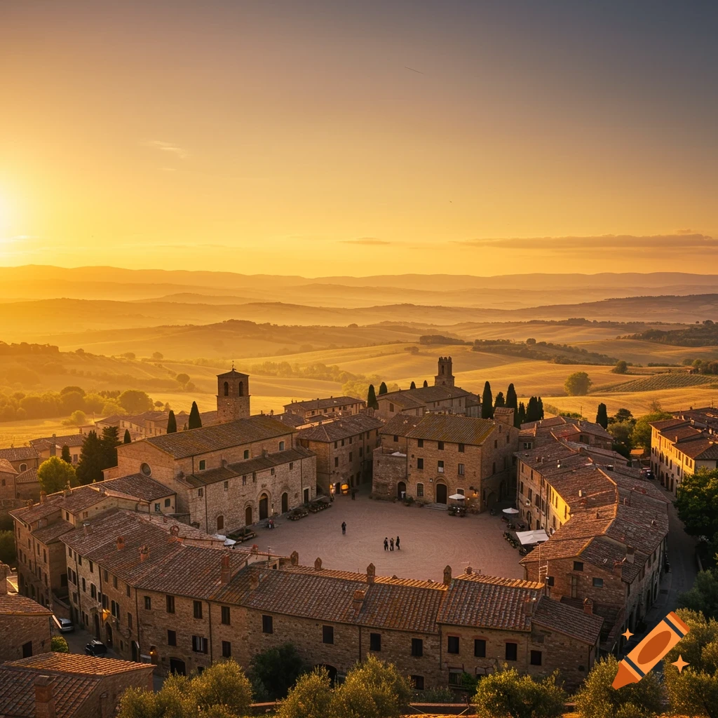 Aerial view of a traditional circular village square in Tuscany at sunrise with rolling hills in the background.