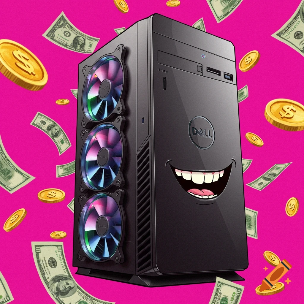 A black Dell PC with a cartoon face is surrounded by falling money and coins on a pink background.