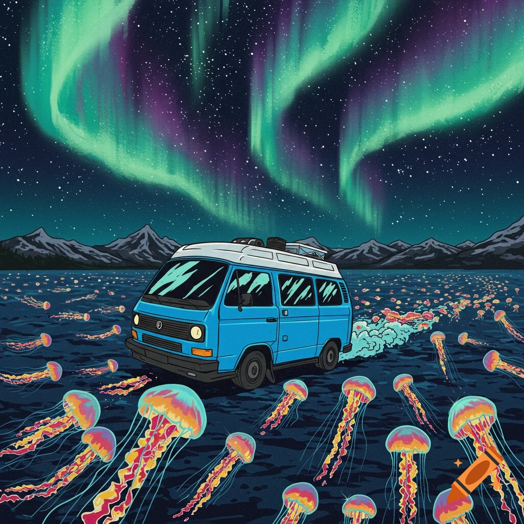 Illustration of a blue van driving through water with jellyfish under an aurora borealis sky.