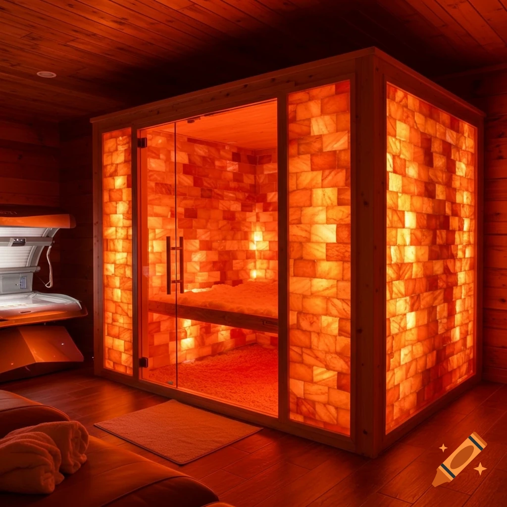 A room featuring a glowing pink salt sauna and a tanning bed.