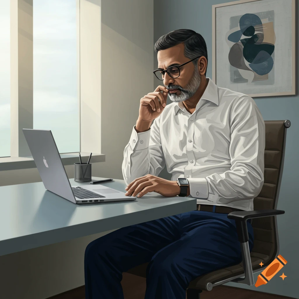 A man in an office working on a laptop.
