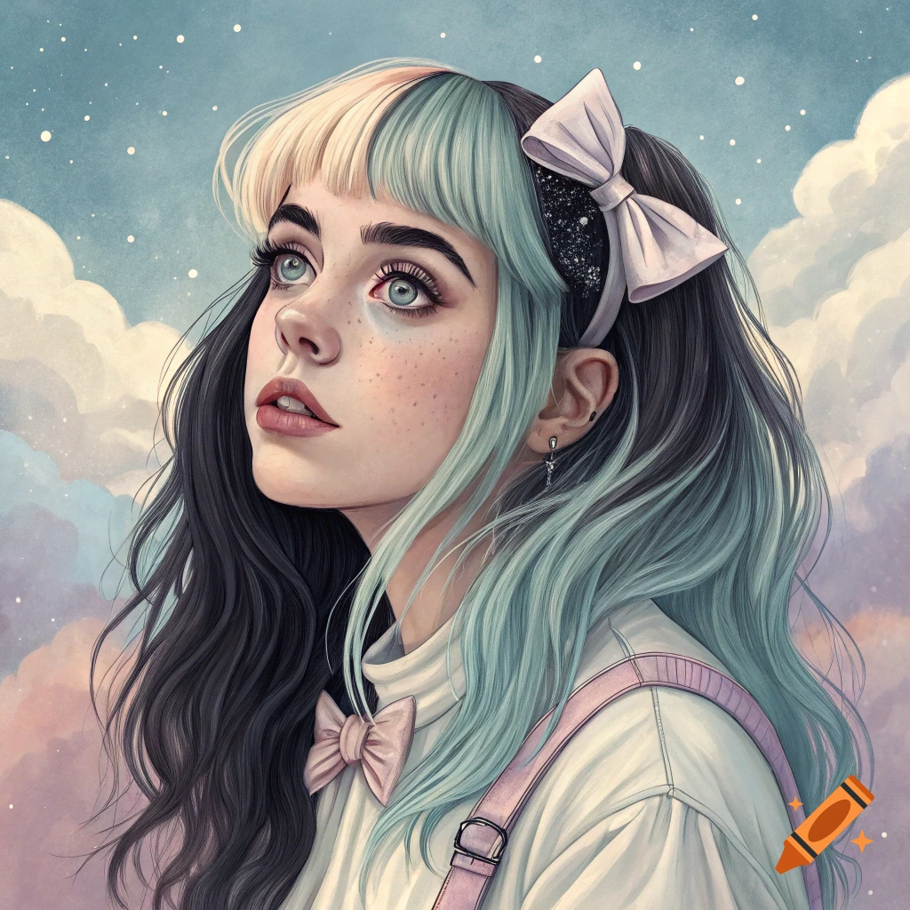 Digital portrait of a woman with black and teal hair, looking up at a starry sky with clouds.