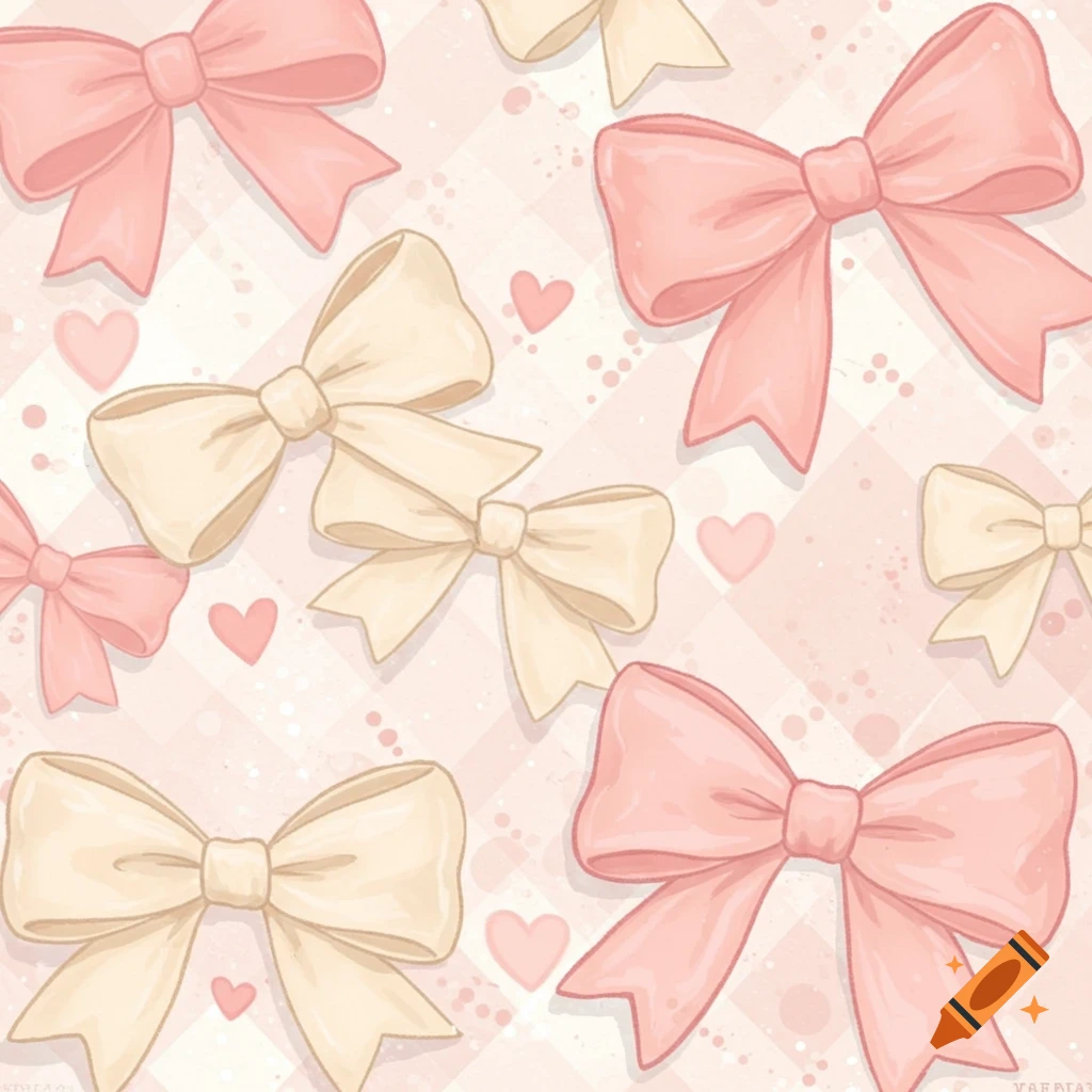 A seamless pattern of pink and cream bows and pink hearts on a light pink background.