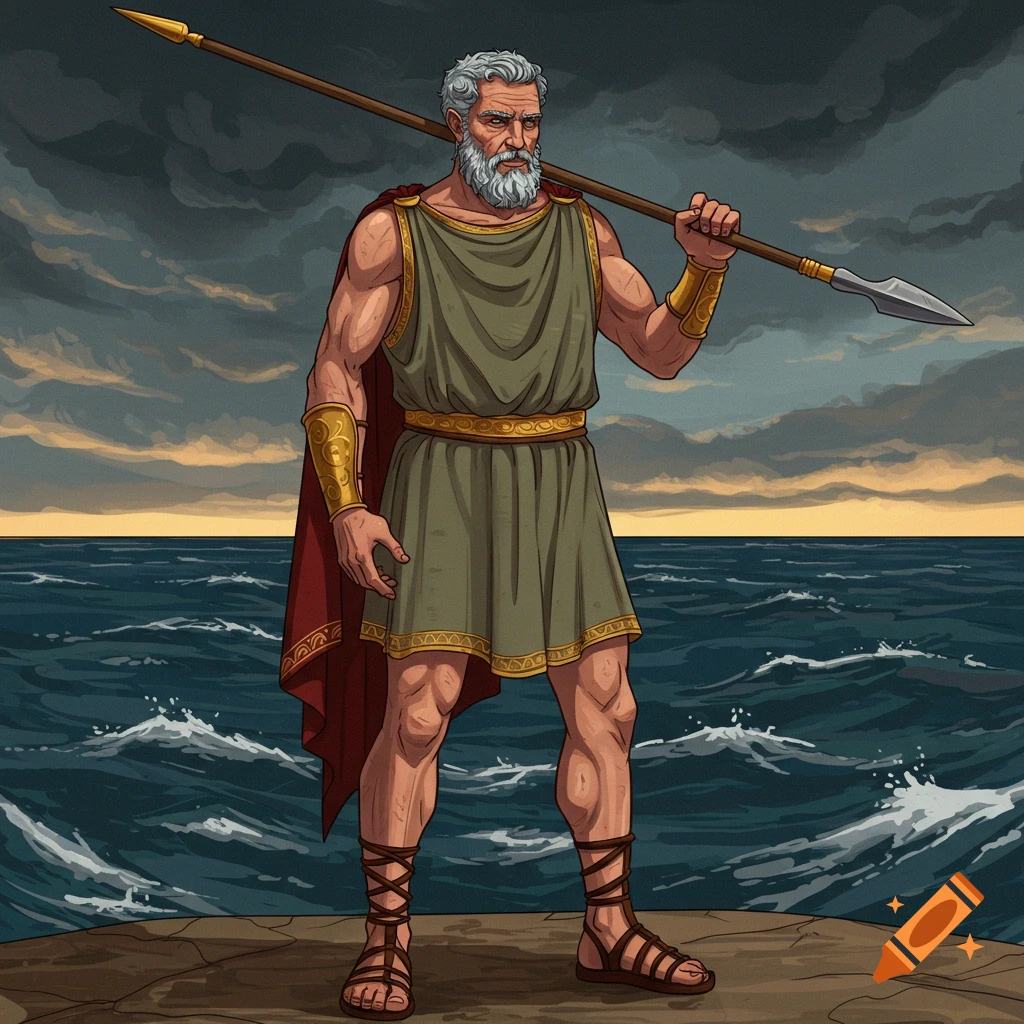 Painting of a bearded man in ancient Greek attire standing by the sea with a spear.