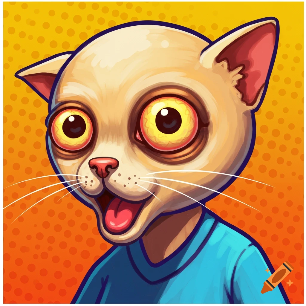 Wide-eyed cartoon cat in a blue shirt against an orange dotted background.