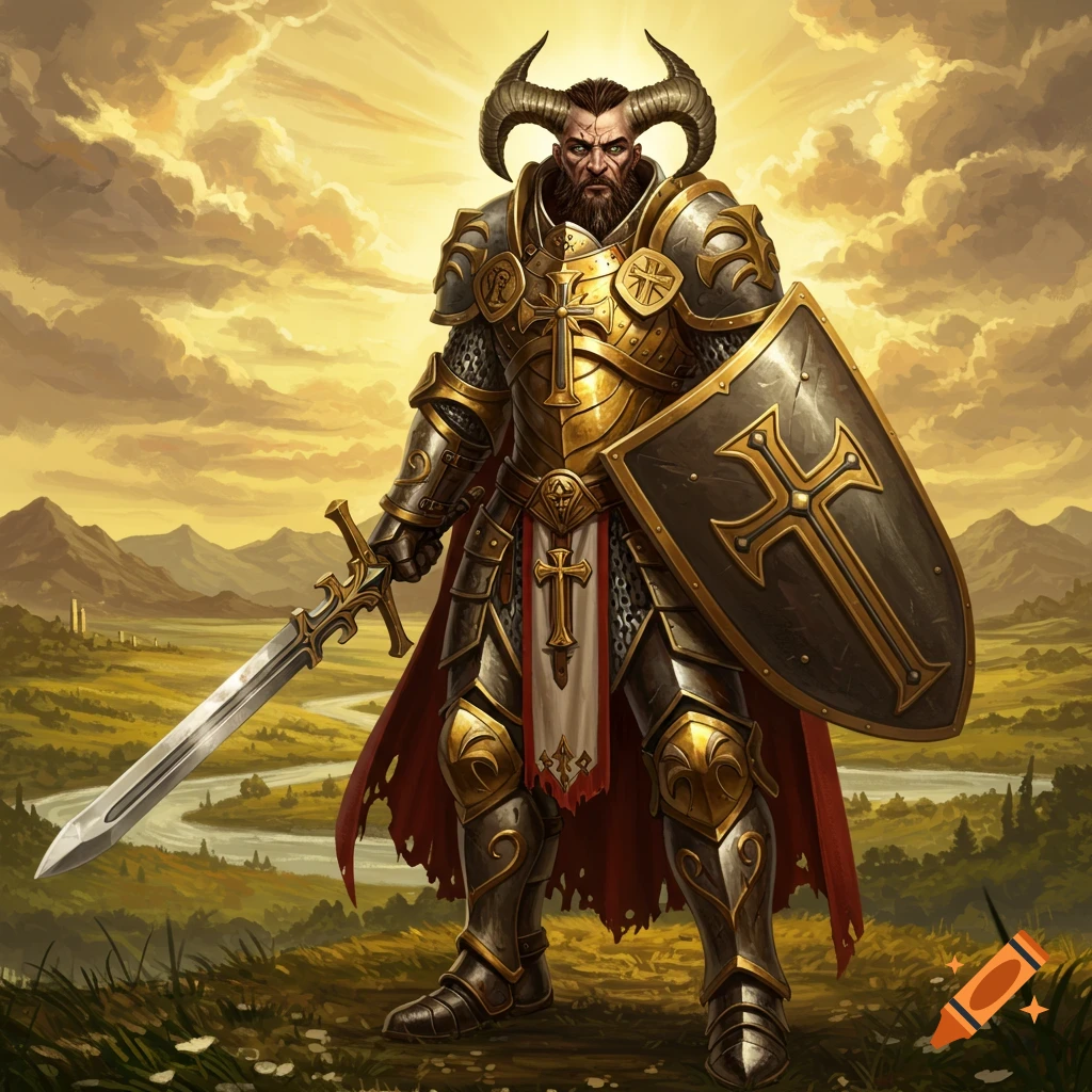A horned fantasy warrior in golden armor with crosses on shield and chest, stands in an epic landscape under a cloudy sky.