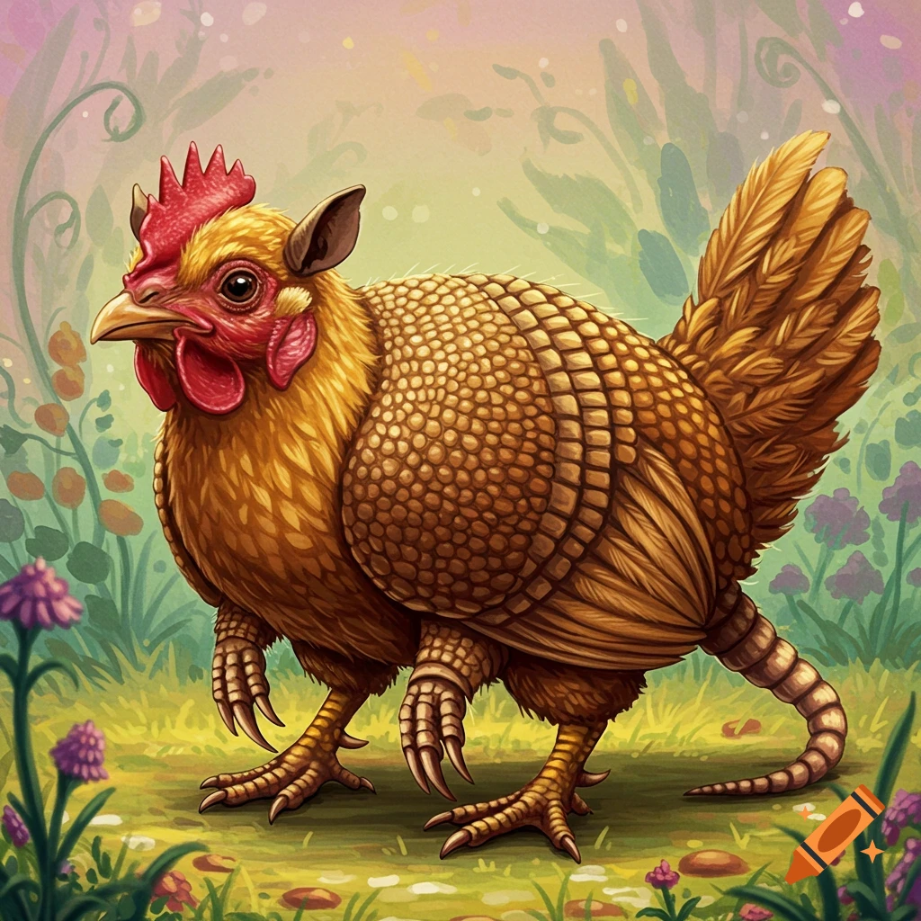 A chicken-armadillo hybrid creature standing in a grassy field.