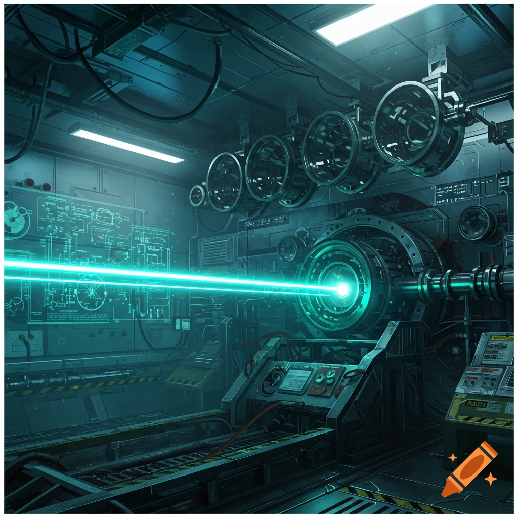 A large gas laser beam generator in a futuristic lab.