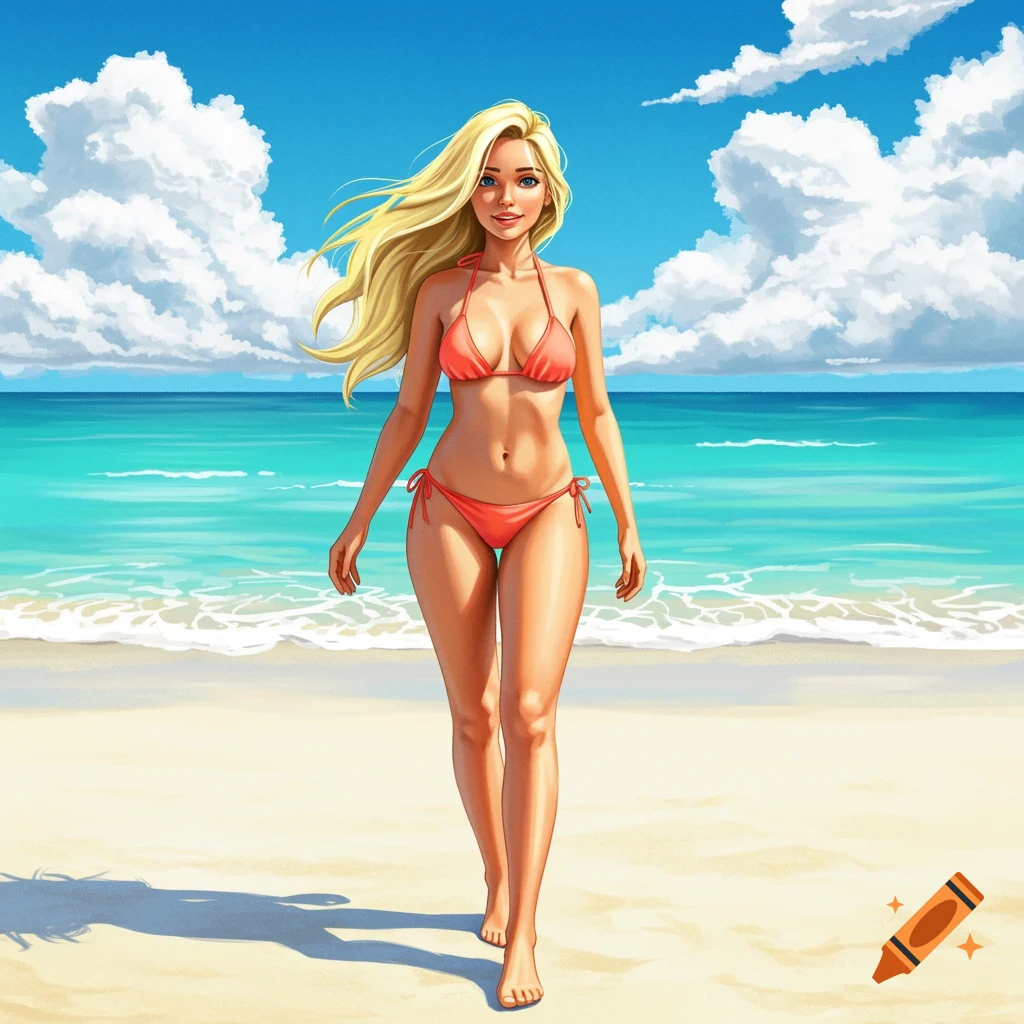 A blond woman in a bikini walking on a beach.