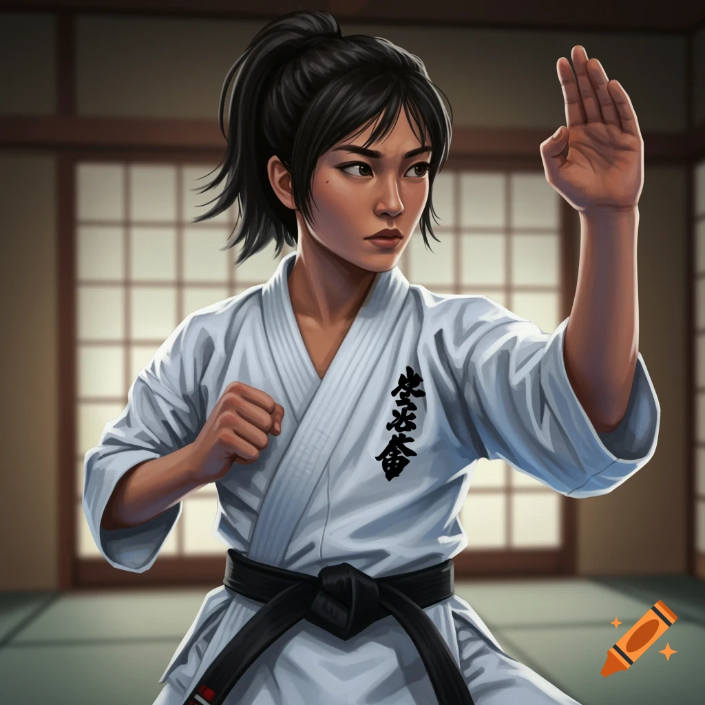 An Asian girl in a karate gi stands in a dojo.