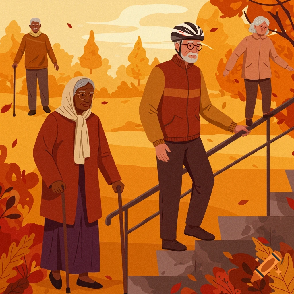 Elderly people walking in an autumn park.