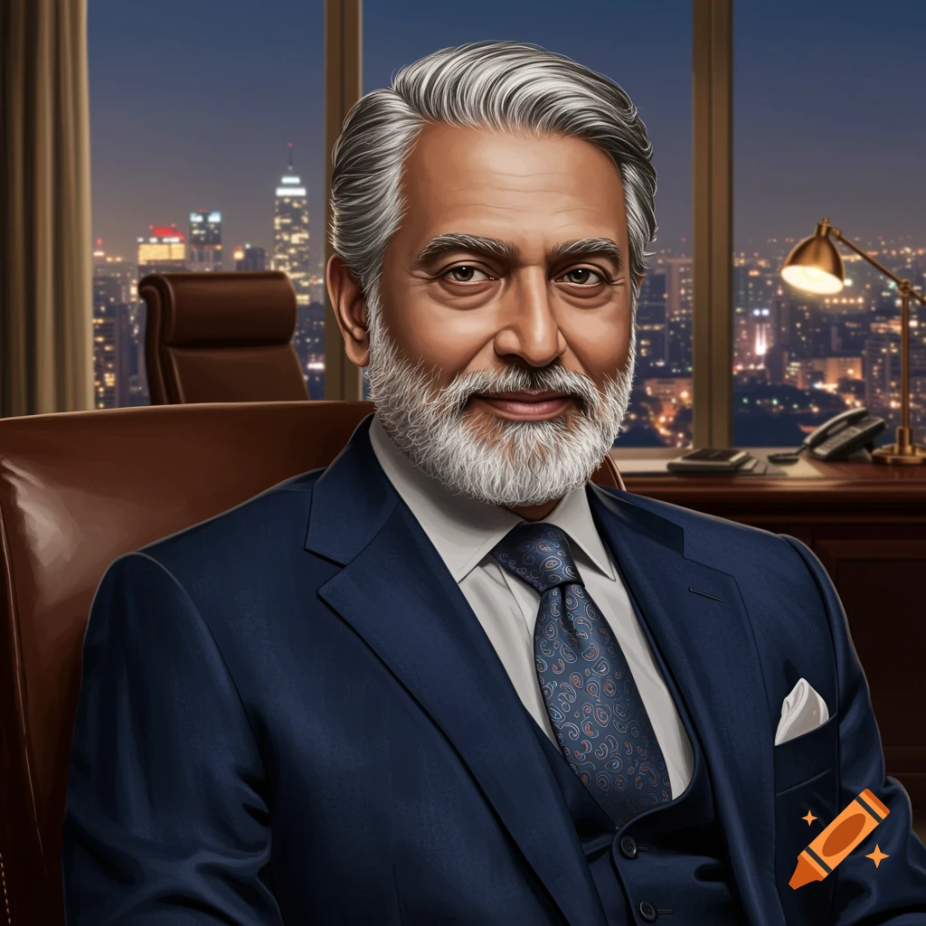 A man in a suit is seated in an office, looking out at a nighttime cityscape.
