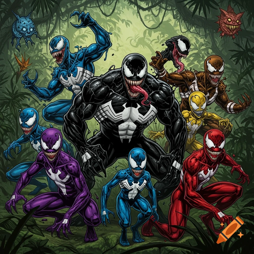 Multiple colorful symbiote characters like Venom in a jungle
