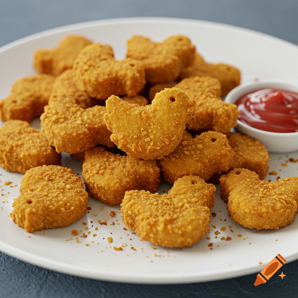 A plate piled high with chicken nuggets shaped like the Twitter bird, next to a small bowl of ketchup.