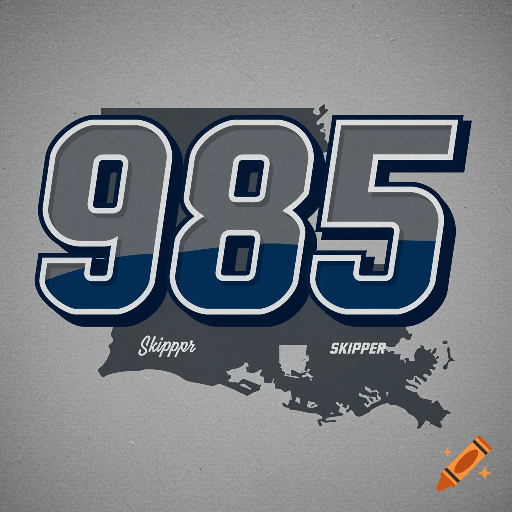 Stylized gray and blue numbers 985 over a dark gray outline of Louisiana, with the words Skipppr and SKIPPER below.