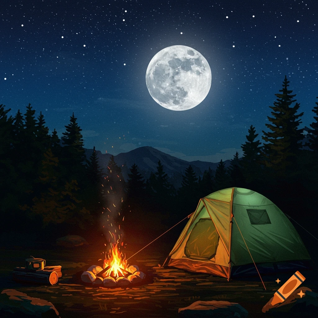 A green tent and campfire under a bright full moon and starry night sky, surrounded by trees and mountains.