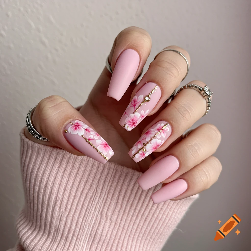 Hand with pink acrylic nails decorated with pink flowers, gold lines, and beads.