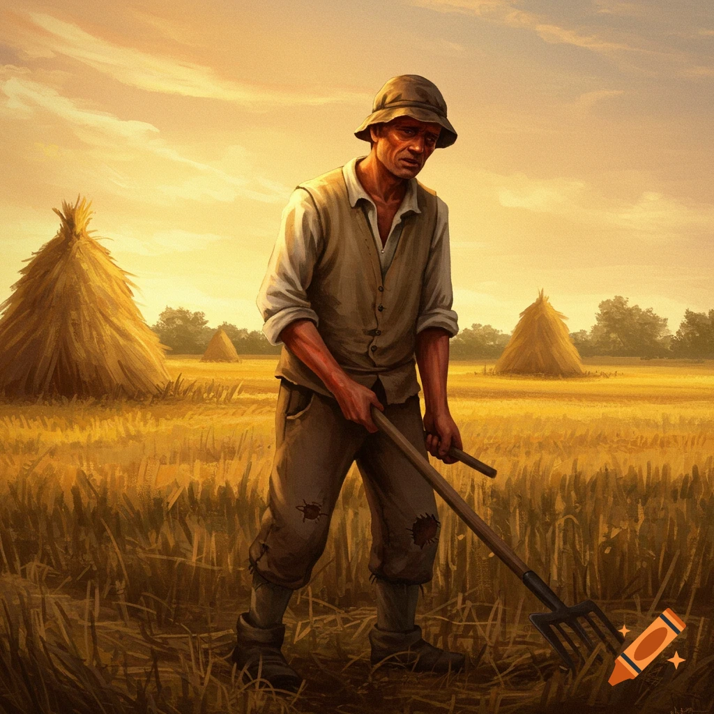 A 1700s farm worker in a field with hay bales.