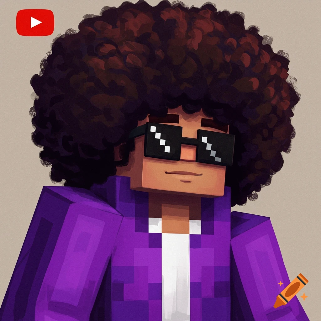 Minecraft style character profile picture with an afro, sunglasses, and purple jacket