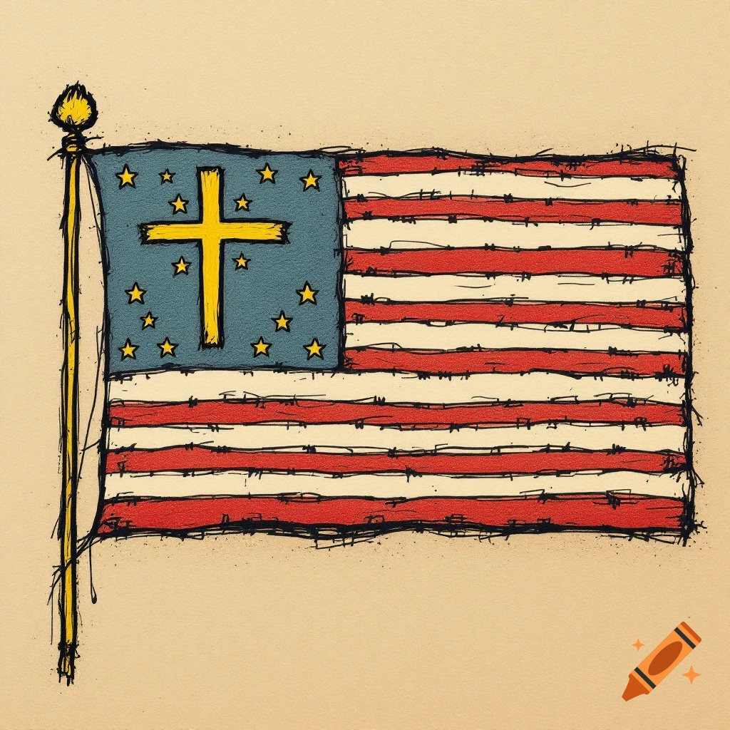Drawing of an American flag with a yellow Christian cross and stars in the blue field, in a scratchy style.