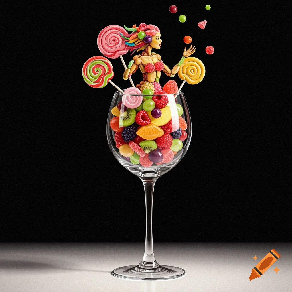 A whimsical woman made of colorful candy and fruit emerges from a wine glass, juggling candies.