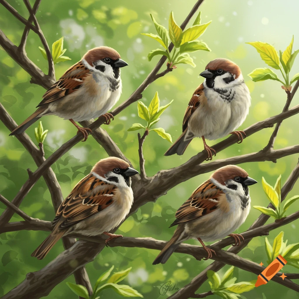 Four sparrows perched on leafy tree branches